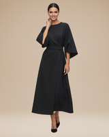 Belted Wrap Midi Dress with Wide Sleeves and V Neckline
