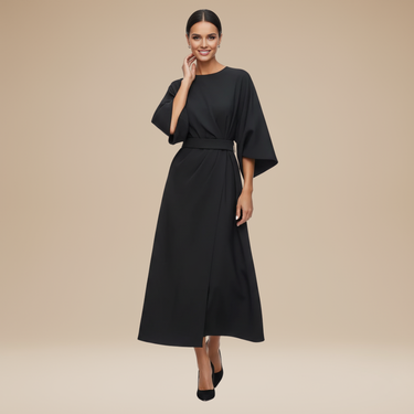 Belted Wrap Midi Dress with Wide Sleeves and V Neckline