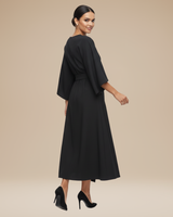 Belted Wrap Midi Dress with Wide Sleeves and V Neckline