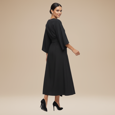 Belted Wrap Midi Dress with Wide Sleeves and V Neckline
