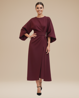 Belted Wrap Midi Dress with Wide Sleeves and V Neckline