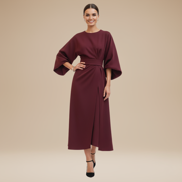 Belted Wrap Midi Dress with Wide Sleeves and V Neckline