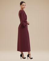Belted Wrap Midi Dress with Wide Sleeves and V Neckline