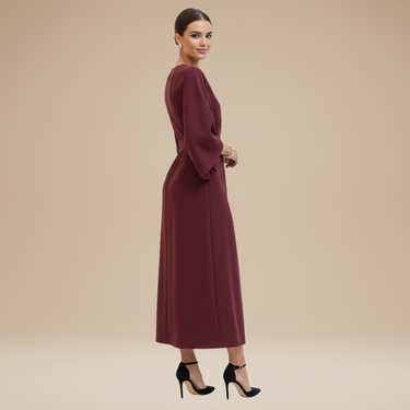 Belted Wrap Midi Dress with Wide Sleeves and V Neckline