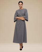 Belted Wrap Midi Dress with Wide Sleeves and V Neckline