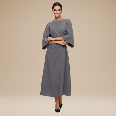 Belted Wrap Midi Dress with Wide Sleeves and V Neckline