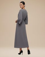 Belted Wrap Midi Dress with Wide Sleeves and V Neckline