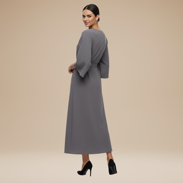 Belted Wrap Midi Dress with Wide Sleeves and V Neckline