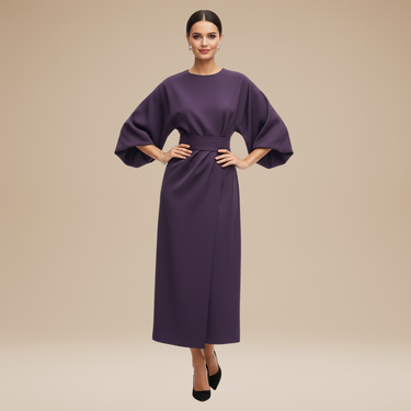 Belted Wrap Midi Dress with Wide Sleeves and V Neckline