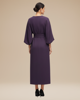 Belted Wrap Midi Dress with Wide Sleeves and V Neckline