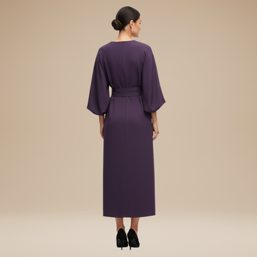 Belted Wrap Midi Dress with Wide Sleeves and V Neckline