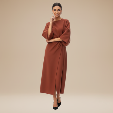 Belted Wrap Midi Dress with Wide Sleeves and V Neckline