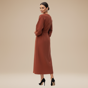 Belted Wrap Midi Dress with Wide Sleeves and V Neckline