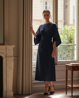 Belted Wrap Midi Dress with Wide Sleeves and V Neckline