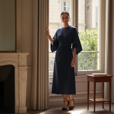 Belted Wrap Midi Dress with Wide Sleeves and V Neckline