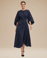 Belted Wrap Midi Dress with Wide Sleeves and V Neckline