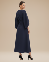 Belted Wrap Midi Dress with Wide Sleeves and V Neckline