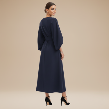 Belted Wrap Midi Dress with Wide Sleeves and V Neckline