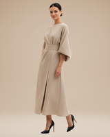 Belted Wrap Midi Dress with Wide Sleeves and V Neckline