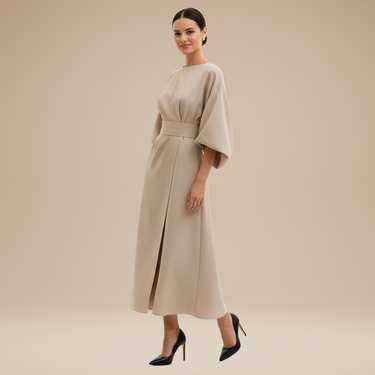 Belted Wrap Midi Dress with Wide Sleeves and V Neckline