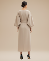 Belted Wrap Midi Dress with Wide Sleeves and V Neckline