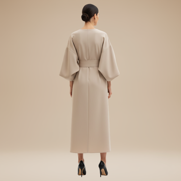 Belted Wrap Midi Dress with Wide Sleeves and V Neckline