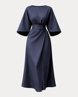 Belted Wrap Midi Dress with Wide Sleeves and V Neckline
