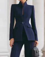 Blazer and Flared Trousers Set with Stand Collar
