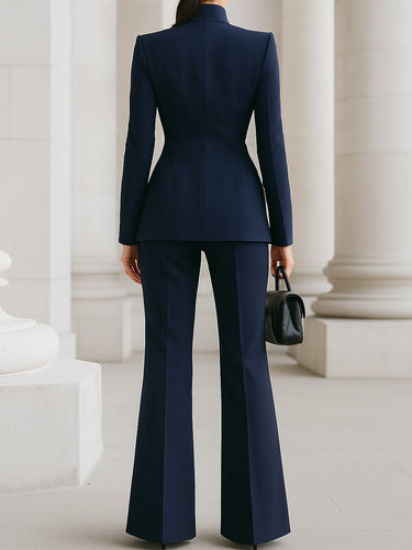 Blazer and Flared Trousers Set with Stand Collar