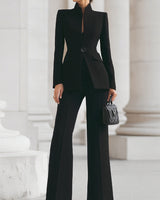 Blazer and Flared Trousers Set with Stand Collar
