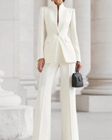 Blazer and Flared Trousers Set with Stand Collar