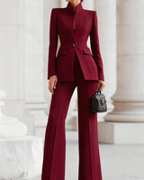 Blazer and Flared Trousers Set with Stand Collar