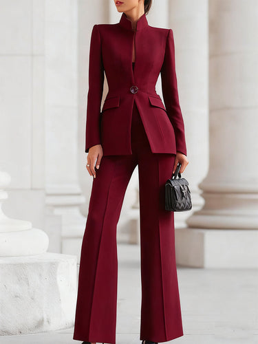 Blazer and Flared Trousers Set with Stand Collar