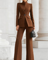 Blazer and Flared Trousers Set with Stand Collar