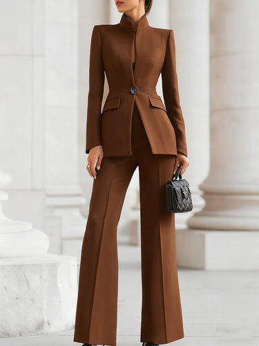 Blazer and Flared Trousers Set with Stand Collar