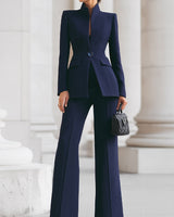 Blazer and Flared Trousers Set with Stand Collar