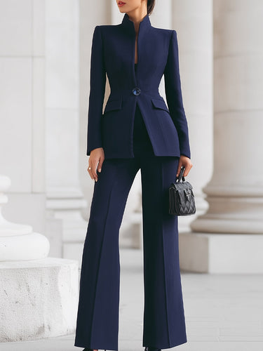 Blazer and Flared Trousers Set with Stand Collar