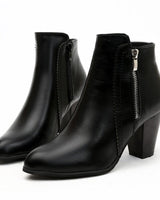 Women's block heel ankle boots with side zip, front view