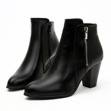 Women's block heel ankle boots with side zip, front view