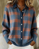 Men's brushed check knit cardigan with shirt collar, button front, and ribbed hem