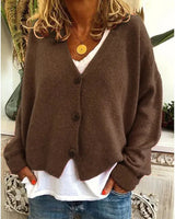 Close-up of button front fastening on a fine knit cardigan