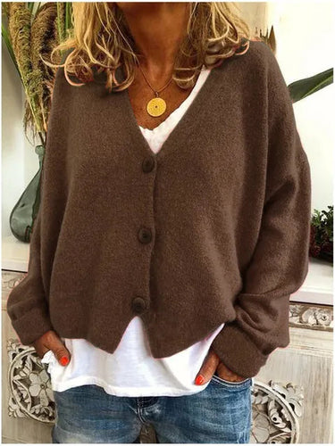 Close-up of button front fastening on a fine knit cardigan