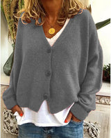 Back view of the fine knit cardigan with long sleeves and straight hem
