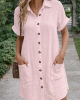 Button Front Shirt Dress with Short Sleeves and Collar