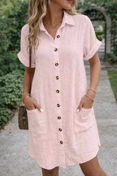 Button Front Shirt Dress with Short Sleeves and Collar