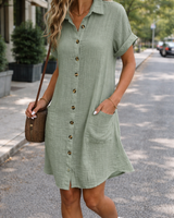 Button Front Shirt Dress with Short Sleeves and Collar