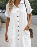 Button Front Shirt Dress with Short Sleeves and Collar