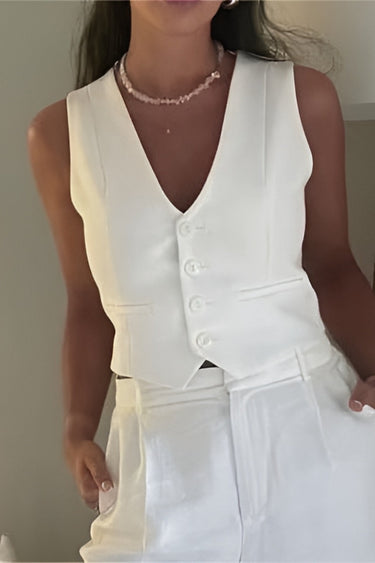 Button Front Vest Top with Deep V Neck