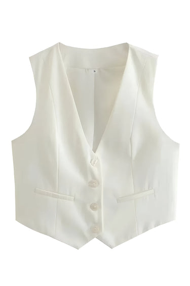Button Front Vest Top with Deep V Neck