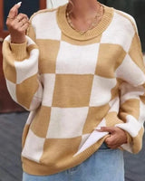 Front view of a checked jumper showing the all-over pattern across the body